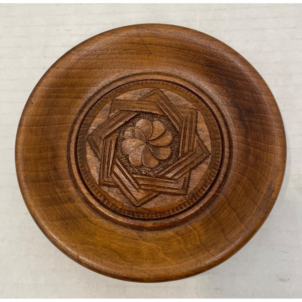 Vintage Hand-carved Wooden Plate with Star and Flower